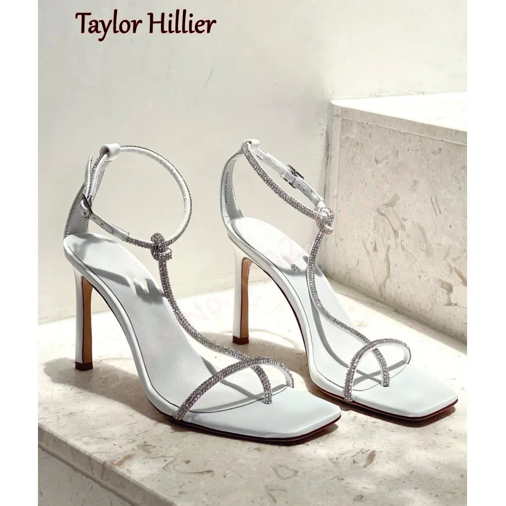 

White Rhinestone T-Strap Sandals Womens Elegant Square Toe Stiletto High Heels Fashion Buckle Strap Dinner Wedding High Heels 46
