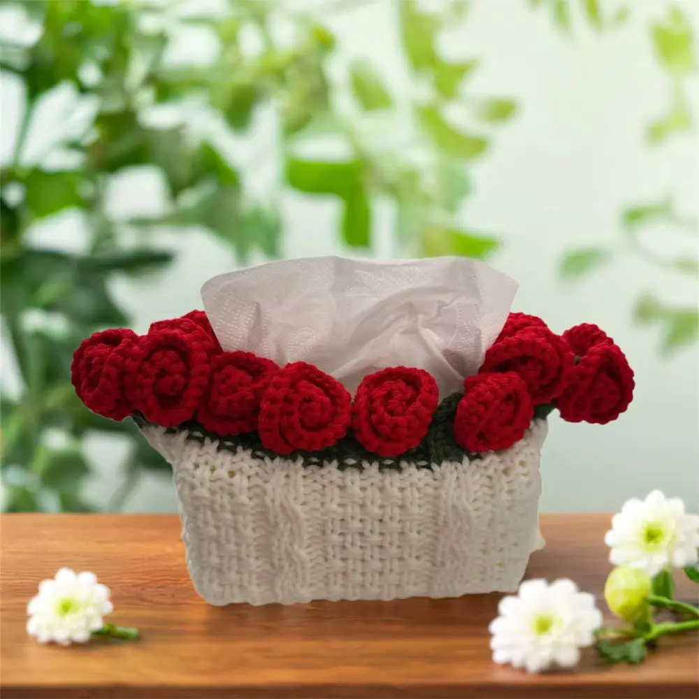 

Fake Flower Crochet Rose Flower Tissue Bag Fashion Finished Knitted Rose Paper Bag Soft Flower Tissue Box Valentine's Day