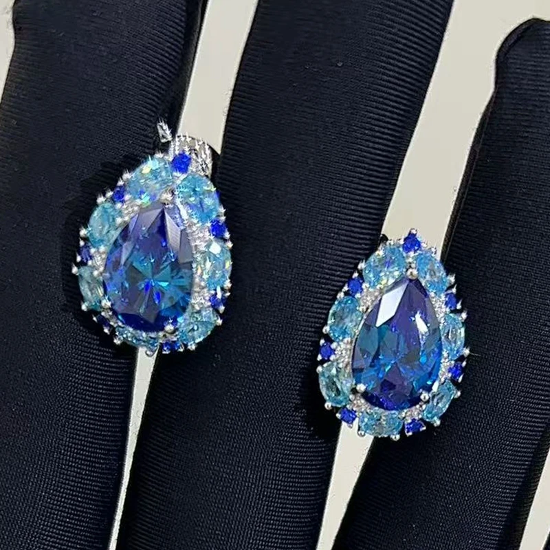 KQDANCE Solid 925 Sterling Silver Sapphire Luxury Shinny Water Drop Earrings With Full Diamonds For Women Party Jewelry Gifts