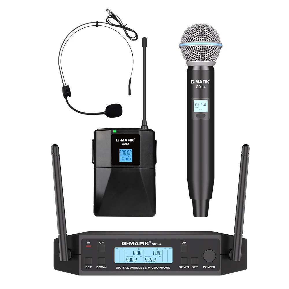 Microphone Lavalier sans fil G-MARK GD1.4 UHF professionnel avec clip pour casque, émetteur de poche, fréquence réglable, portée 50M, pour spectacles et événements