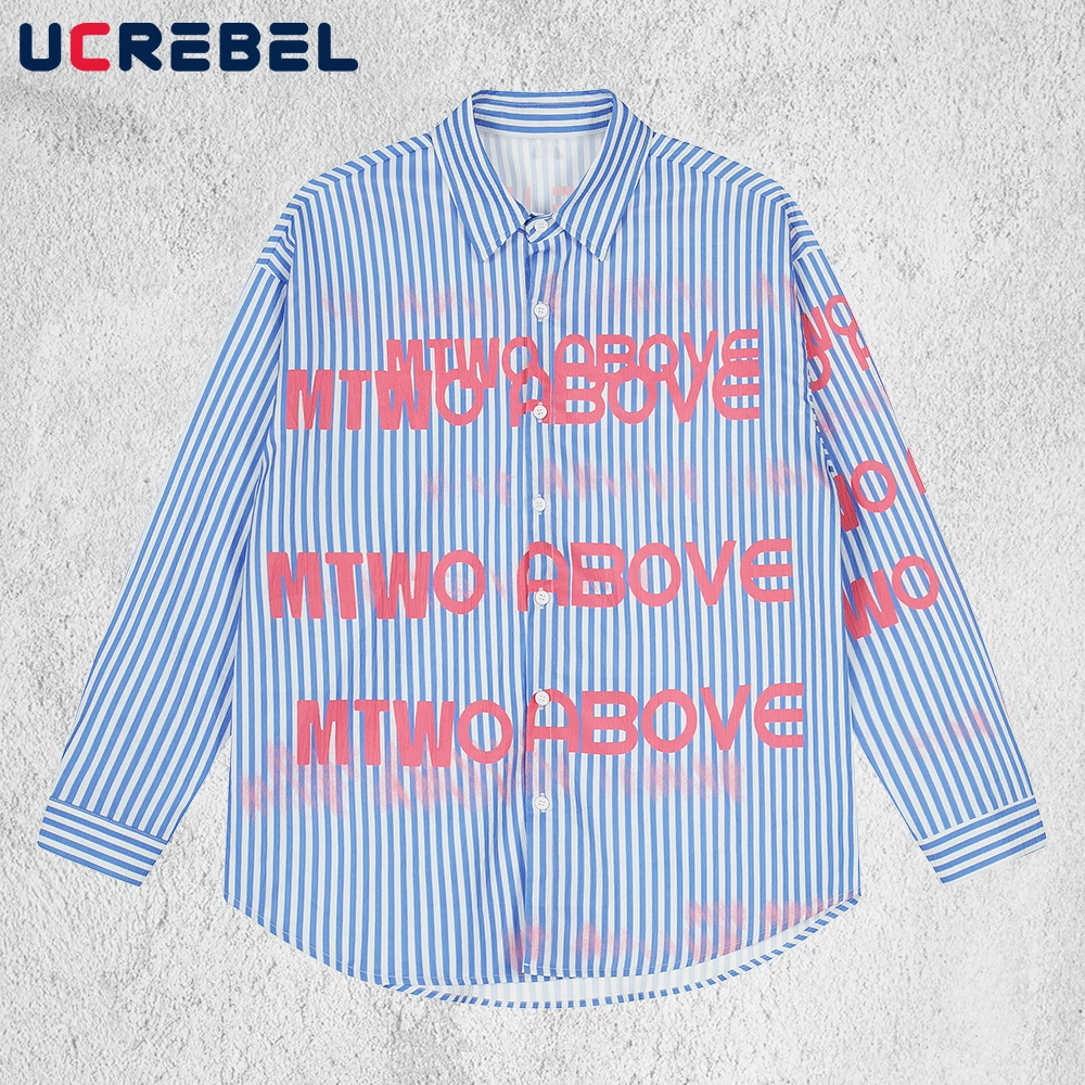 

Полосатые рубашки с длинным рукавом с буквенным принтом, мужские осенние уличные рубашки, свободные однобортные рубашки с изогнутым подолом и лацканами, мужские рубашки