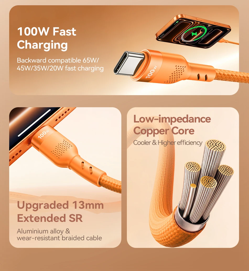 Rocoren 100W Typ-C zu USB Schnellladekabel 100W PD3.0 USB-C Schnelllade-Datenkabel für iPhone, Samsung, Laptop, iPad – Detail 4