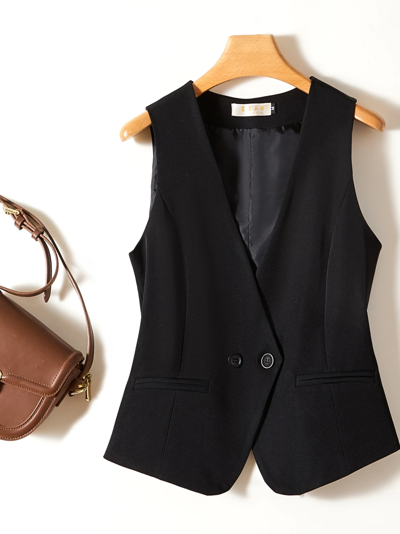 Slim Fit V-Neck Short Jacket Women's Spring Autumn Style Double Button Closure Outerwear Tank Top Casual Commute Fashion