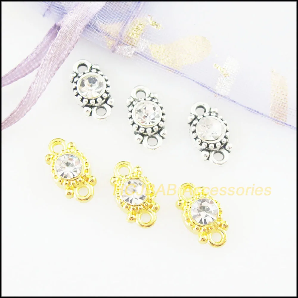 Fashion 30Pcs Retro Gold Color Tibetan Silver Plated Round Flower Clear Crystal Charms Connectors 6.5x11.5mm HCJBAB