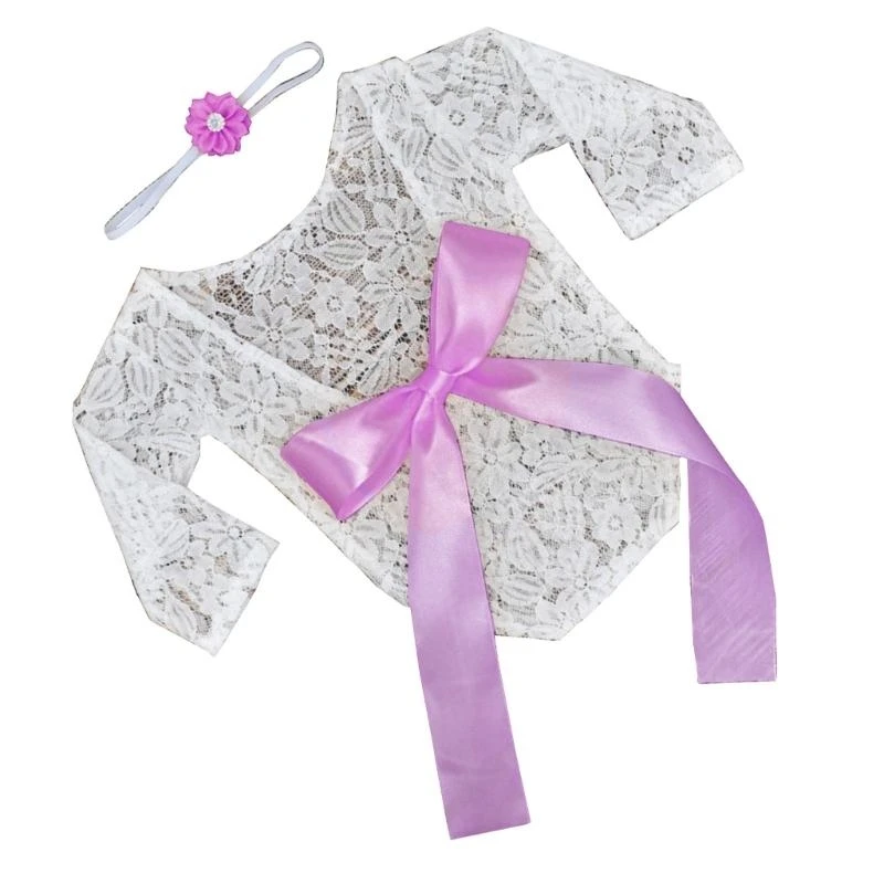 

J15U 1 Set Newborn Photography Props Baby Lace Girls Romper with Matching Headband Hairband and Stylish Baby Outfits