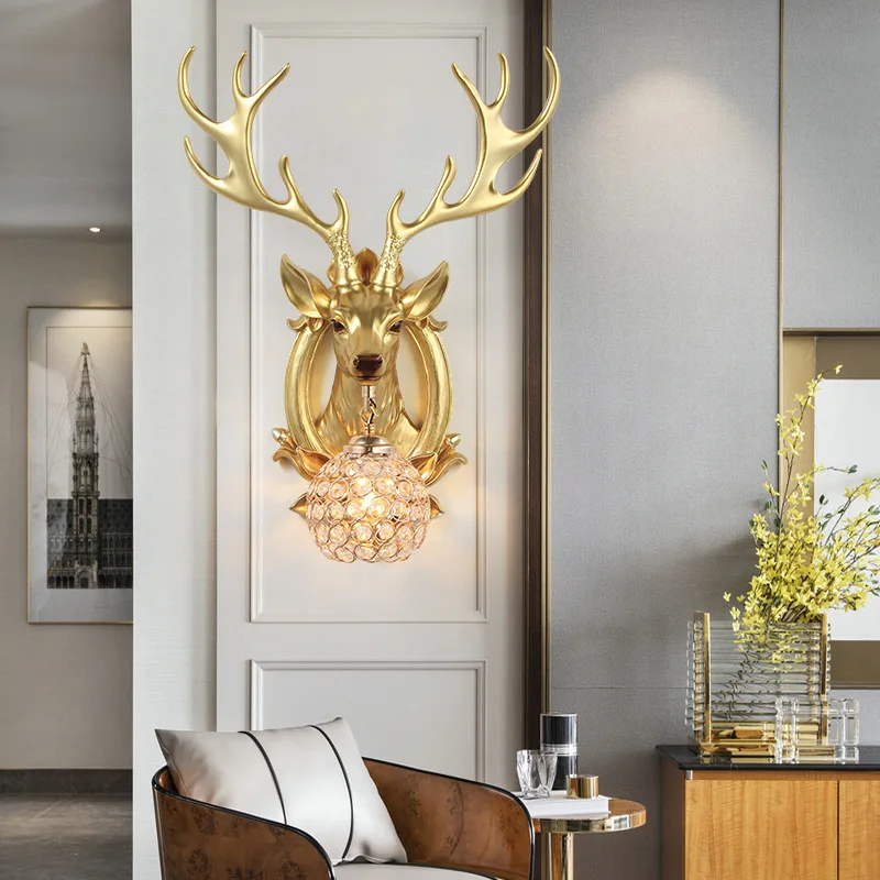 European Creative Deer Head LED Wall Lamps Luxury Home Decor Villa Living Room Corridor Aisle Personality Wall Sconces Lighting