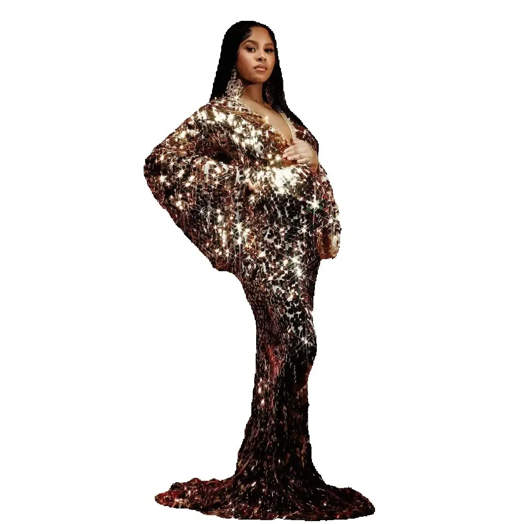 Shiny Sequins Prom Dresses Full Sleeves V Neck Maxi Gown Boho Luxury Maternity Vestido de Novia Customized
