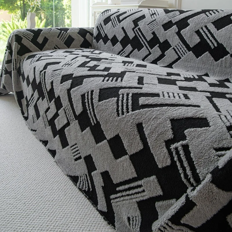 Plush Jacquard Sofa Throw Cat-Scratch Resistant Seat Cover Living Room Slipcovers Kids Pets Dustproof Full-Coverage Sofa Blanket