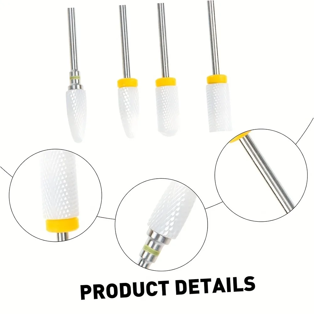 4 pcs Ceramic nail drill bit, cuticle care tool, suitable for polishing and removing acrylic nails and natural nail gel, durable