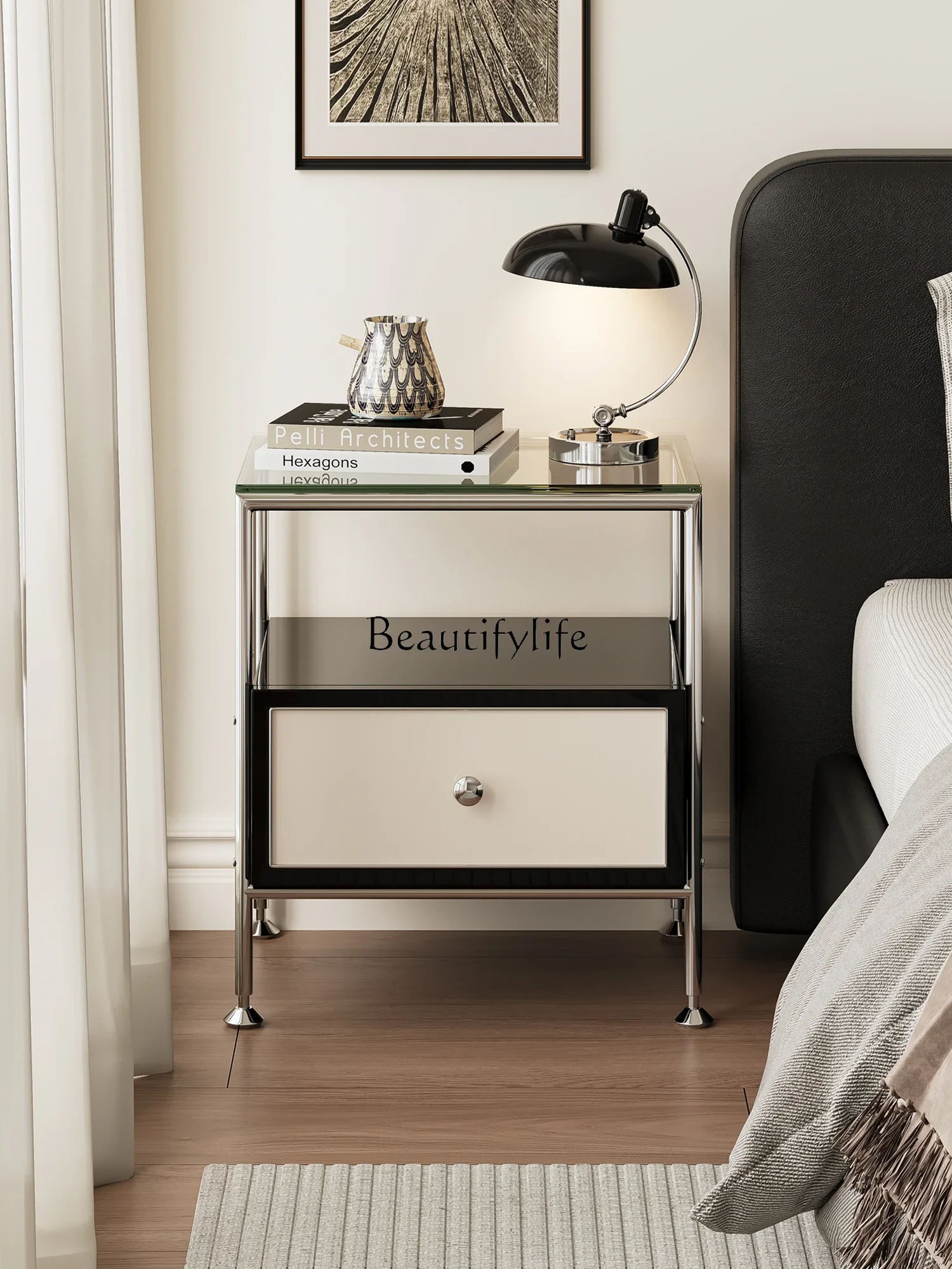 44Simple modern hollow bedside table, household bedroom side storage cabinet