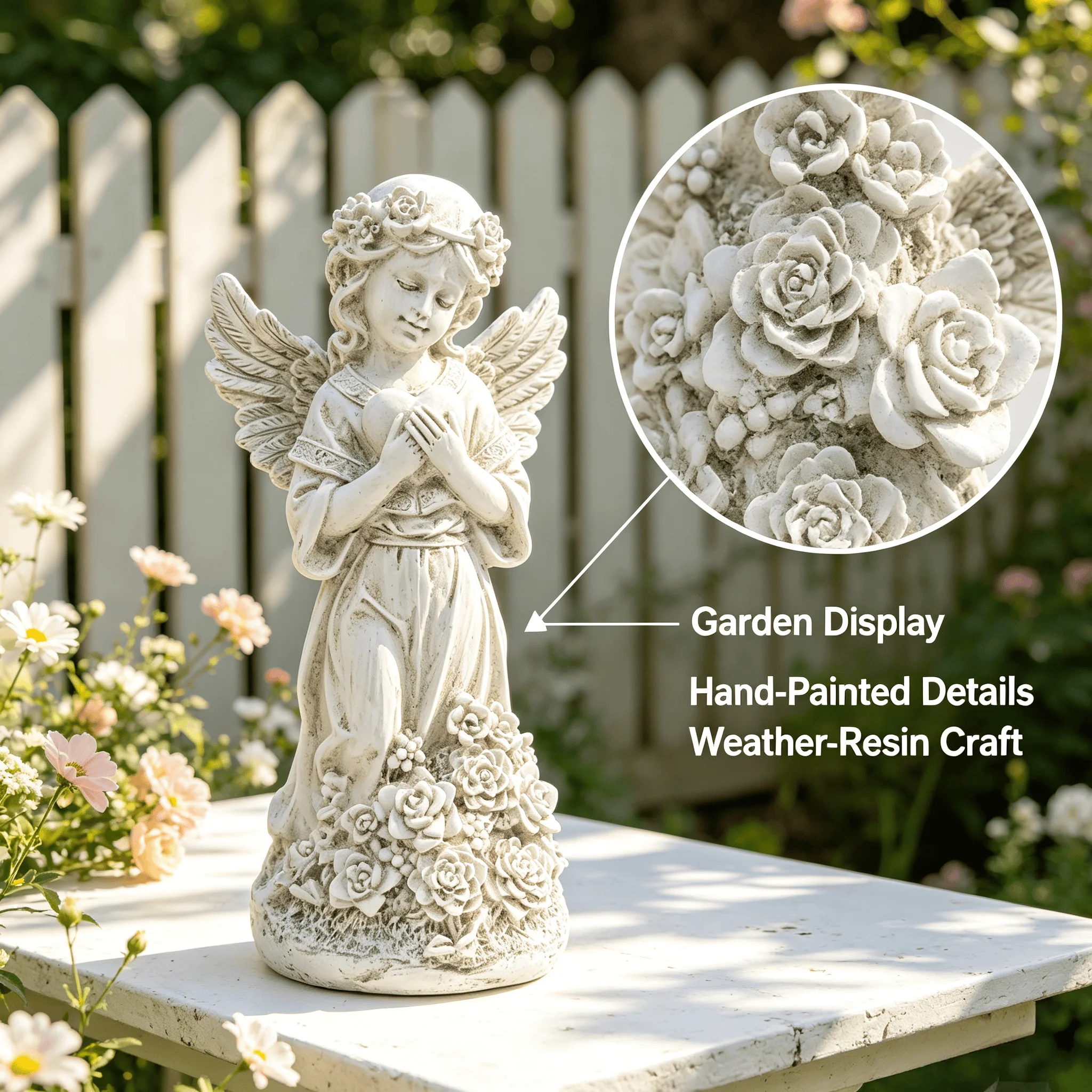 Resin Art Rose - ของตกแต่งรูปปั้นนางฟ้า, รูปปั้นนางฟ้ากำลังสวดมนต์สไตล์วินเทจ พร้อมรายละเอียดดอกกุหลาบ สำหรับตกแต่งบ้าน สวน หรือวางบนโต๊ะ