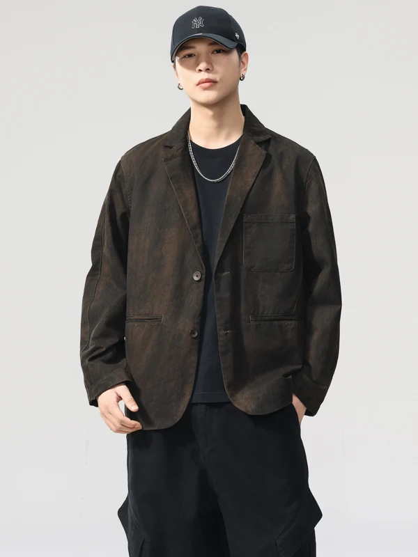 

Retro American Waed Mud Dye Cotton Casual Suit Jaet Loose Fit Flat Collar Men's Faion Outerwear for Autumn Season