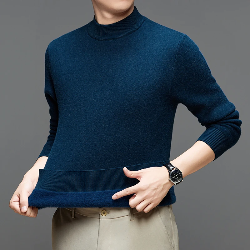 남성용 겨울 신상 하프 하이넥 스웨터, 플리스 안감과 두꺼운 울 소재로 보온성과 이너웨어로도 활용 가능