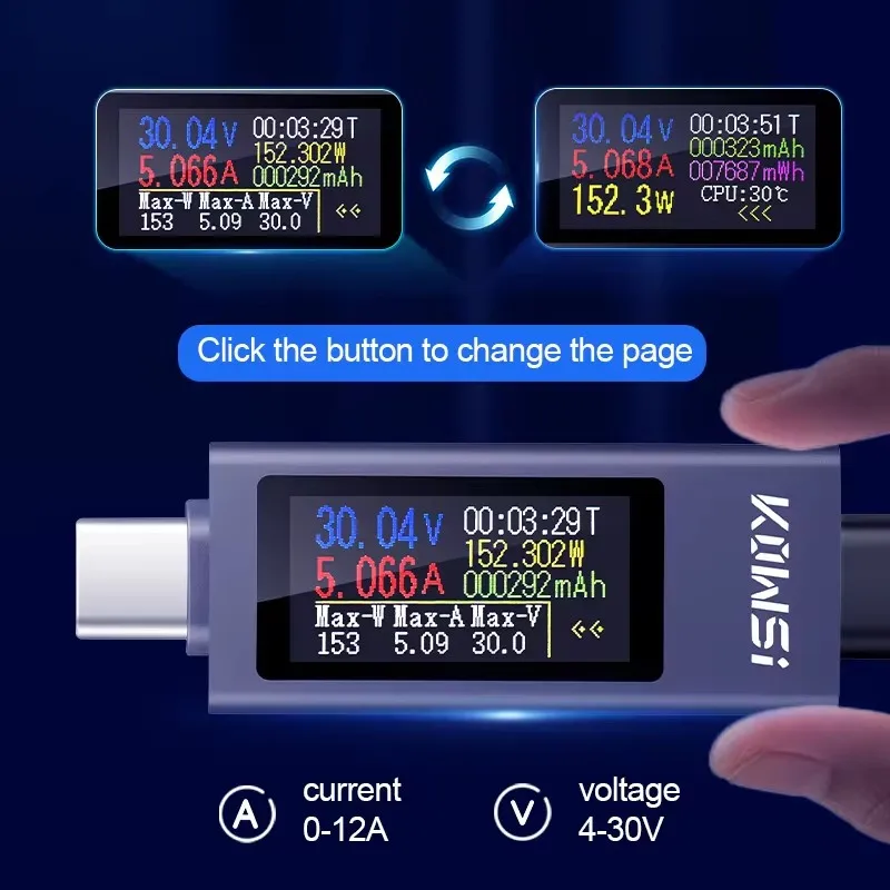 KWS-2301C KWS-2302C Type-C Multi-function Digital DC Voltage Ammeter Power Meter Cell Phone Charging Tester DC 4-30V 0-12A