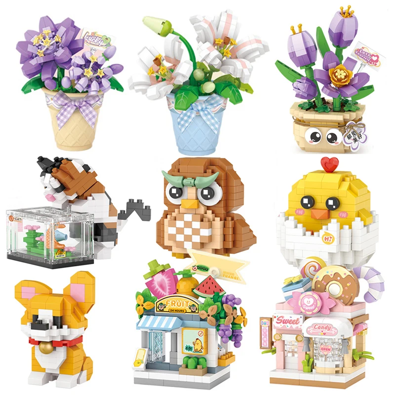 Mini Potted Flower Building Blocks DIY Cartoon Cute Animal Model Assembly Ornaments Adult Children\'s Toy Gift