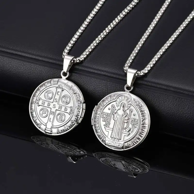 Saint Benedict Necklace for Men Boys,Customized Photo Picture Stainless Steel Round Box Necklaces,Gift to Dad Husband BBF - Image 5