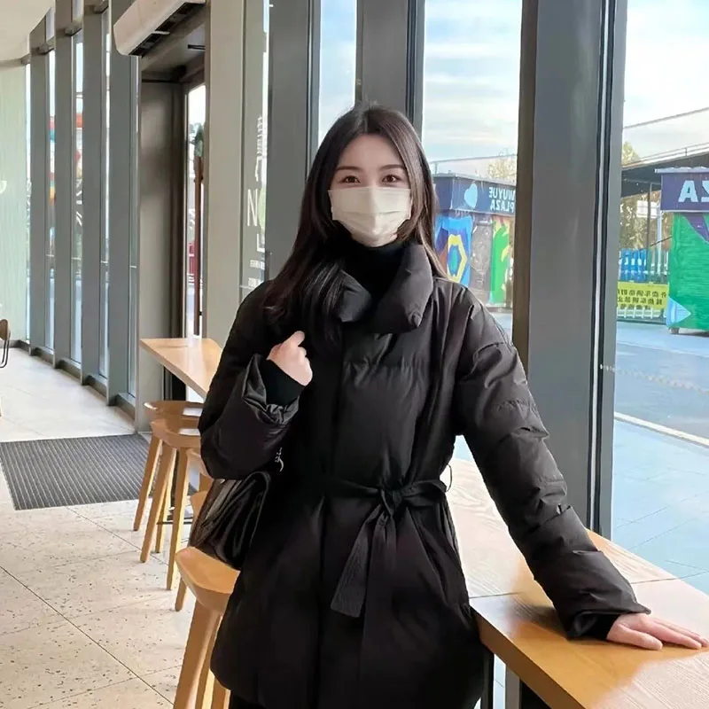 Down Cotton-Padded Jacket for Women, Thick Loose Cotton Coat, Waist Strap, Black, Senior Sense, Winter Fashion, New, 2024