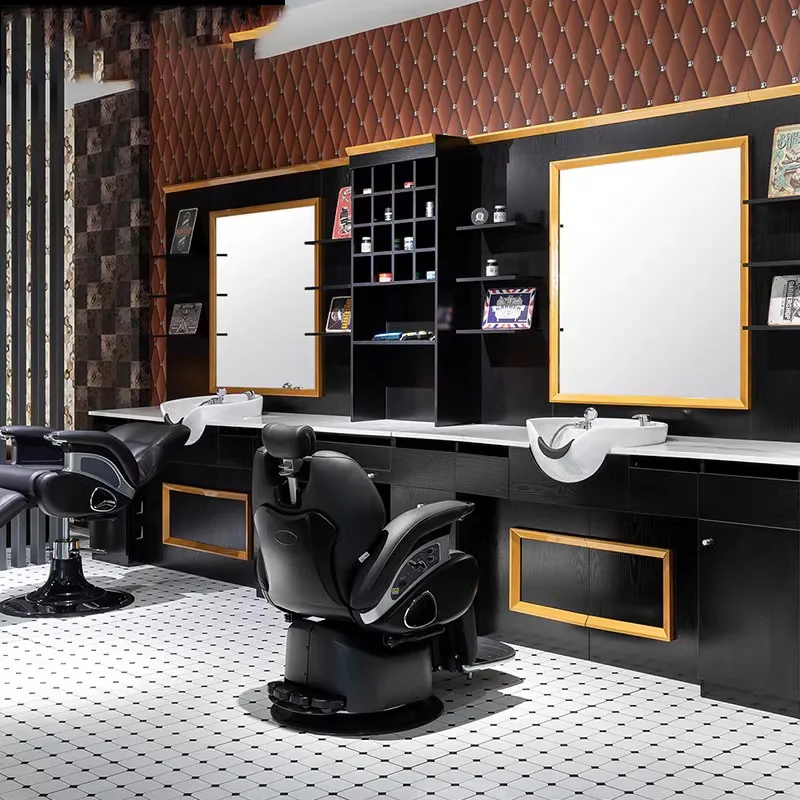 High-End Retro Wood Integrated Mirror Table Men's Hair Cutting Shampooing Eco-Friendly Commercial Salon Barber Shop Furniture