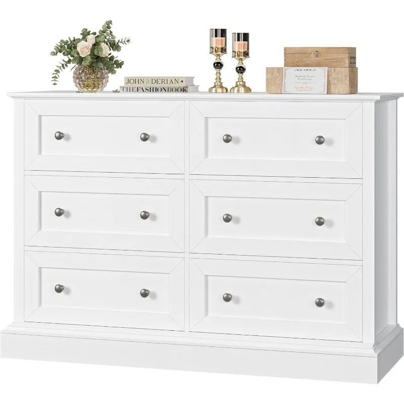 

Modern 6 Drawer Double Dresser, Dresser Wood Dresser, Wide Chest of Drawers with Deep Drawers & Mental Double Handles