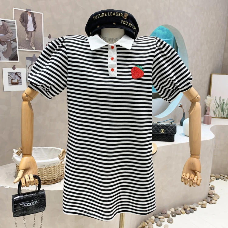 Zomer Vrouwen Temperament Stripped Mini T-shirt Jurk Vrouwelijke Vintage Toevallige Bladerdeeg Mouw Polo Kraag Losse Jurk Vestido De Mujer