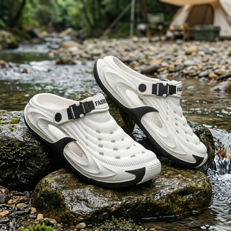 Men Summer Garden Clogs Wavy Texture Streamlined Cut Out Detail Color Block Sole Breathable Techwear Casual Sandals