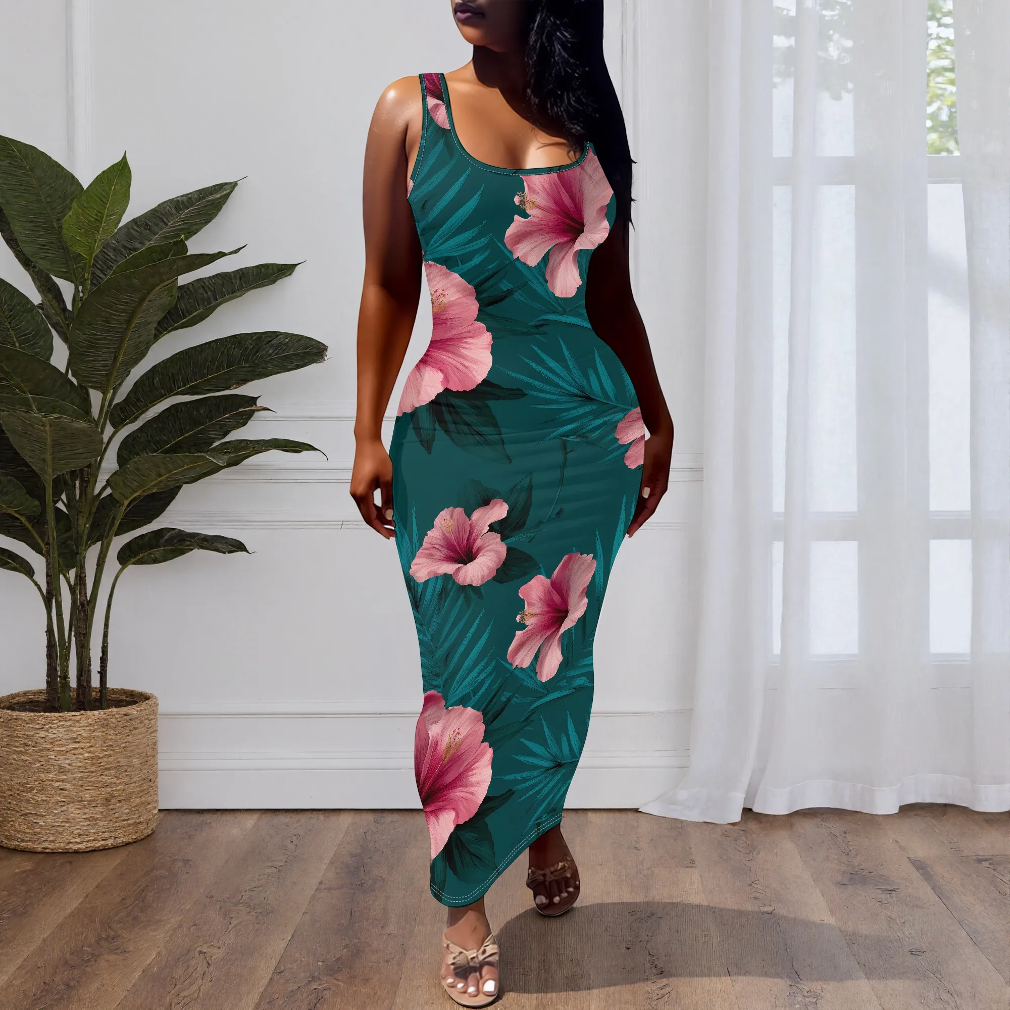 Floral Print Tank Dress, Pink Hibiscus Pattern, Tropical Leaf Design, Sleeveless Maxi Gown for Summer Beach Party, S-2XL