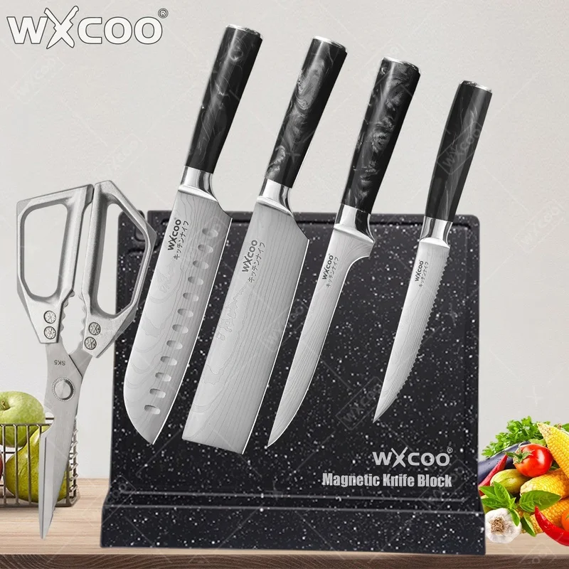 

WXCOO Sharp Kitchen Knife Household Fruit Knife Japanese Santoku Cleaver Stainless Steel Chef Knives Magnetic Knife Block