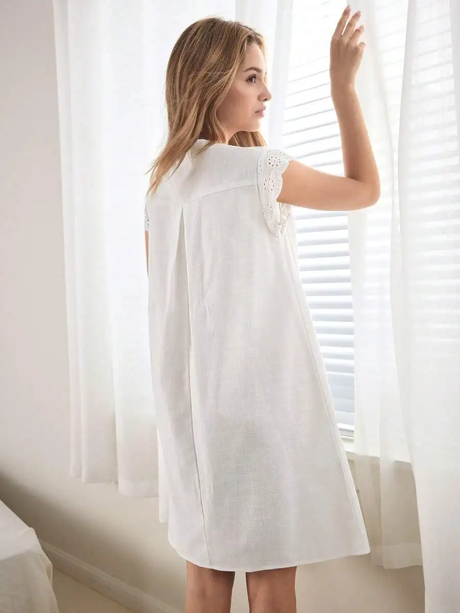 100% Cotton Embroidered Floral Lace Trim Nightgown Soft Comfortable Women Sleepwear Dress