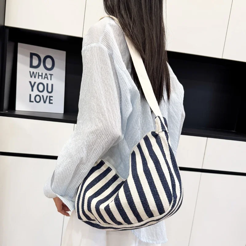 

New Canvas Zipper Striped Shoulder Bags 2026 High Quality Fashion Women's Handbags Summer Brand Commute Sweet Bags for Women