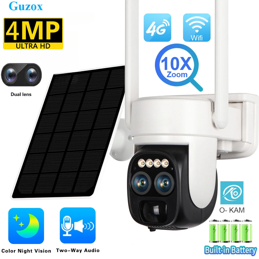 2K Dual Lens PTZ Wifi Solar Camera 10X Zoom PIR Detection Alarm Waterproof Outdoor 2-way Audio Security Camera