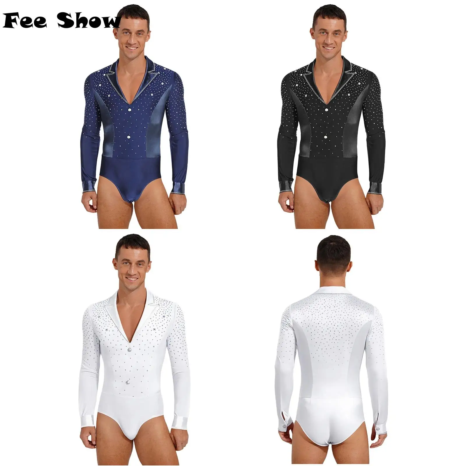 

Мужской боди для латинских танцев, блестящий купальник со стразами и лацканами, v-образным вырезом и длинными рукавами, открывающийся промежность, комбинезон для фигурного катания