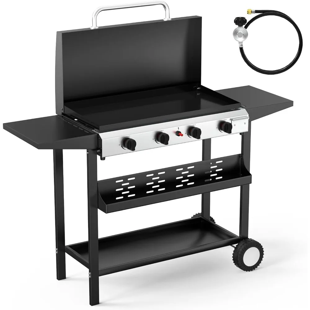 

40000BTU Propane Griddle with Lid and Ignition, Standing Flat Top Gas Grill with Storage Shelf and Portable Rolling Wheel