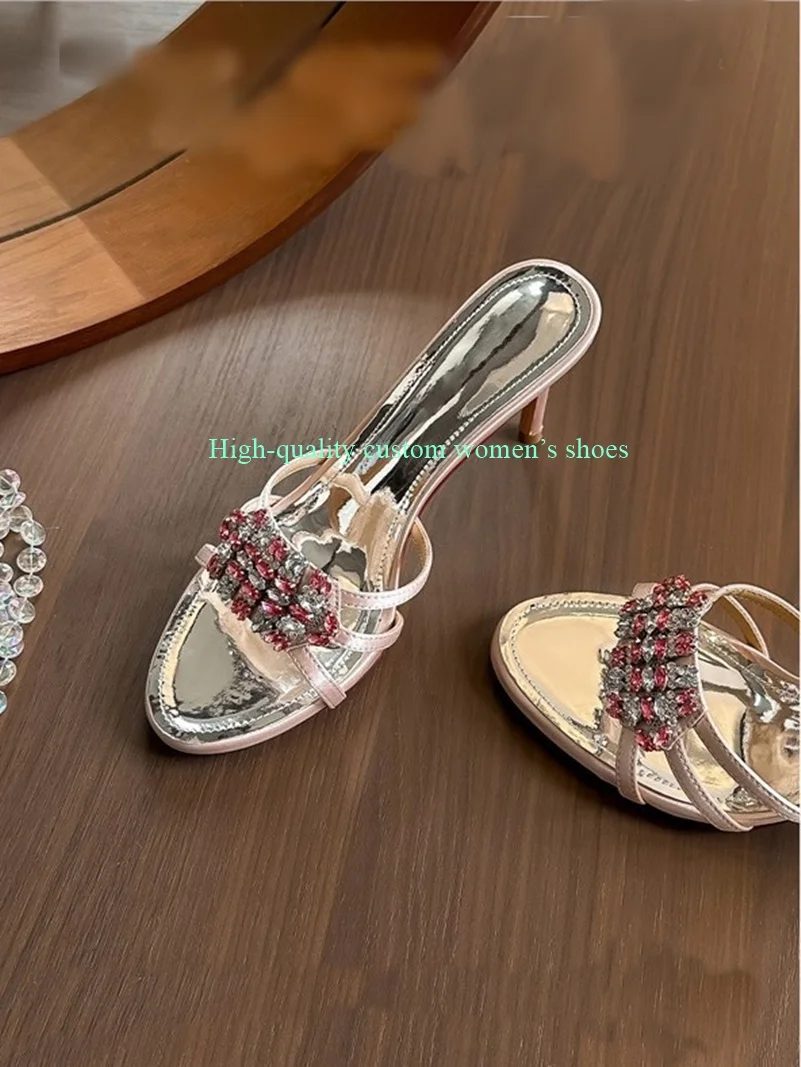 

Pointed Toe Toes Thin-Strap Combination Embellished With Rhinestones Women's Summer Slippers Stiletto Heels Luxury Sandals