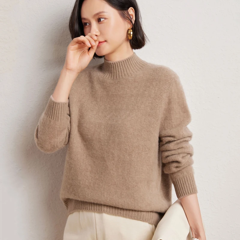 

Простой стиль, свитер из 100% мериносовой шерсти, осень-зима, пуловер с воротником-стойкой, женский трикотаж с длинными рукавами, элегантная одежда, топы