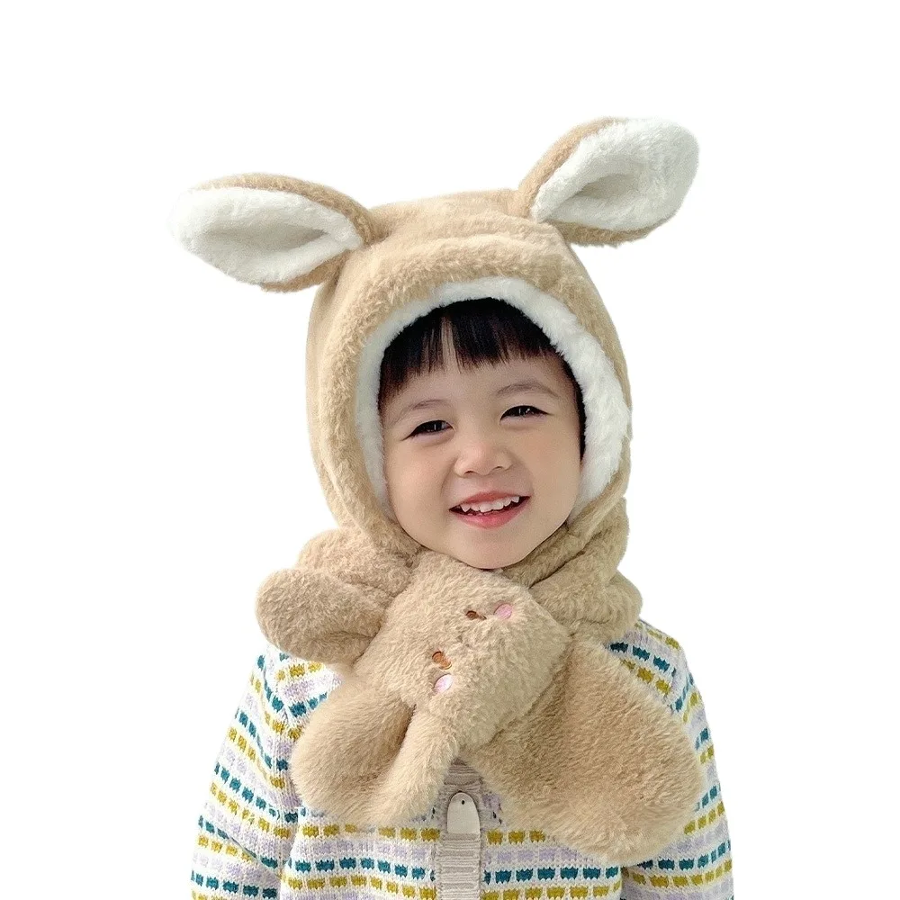 

Cute Plush Integrated Hat Scarf Set Windproof Warm Pullover Cap Coldproof Neck Warmer 3-10Y