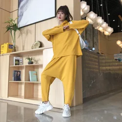 Baggy Two Piece Set Women Casual Harem Cross-Pants Long Sleeved Hooded T-shirt Hip Hop Solid Color Joggers Sweatpants Set