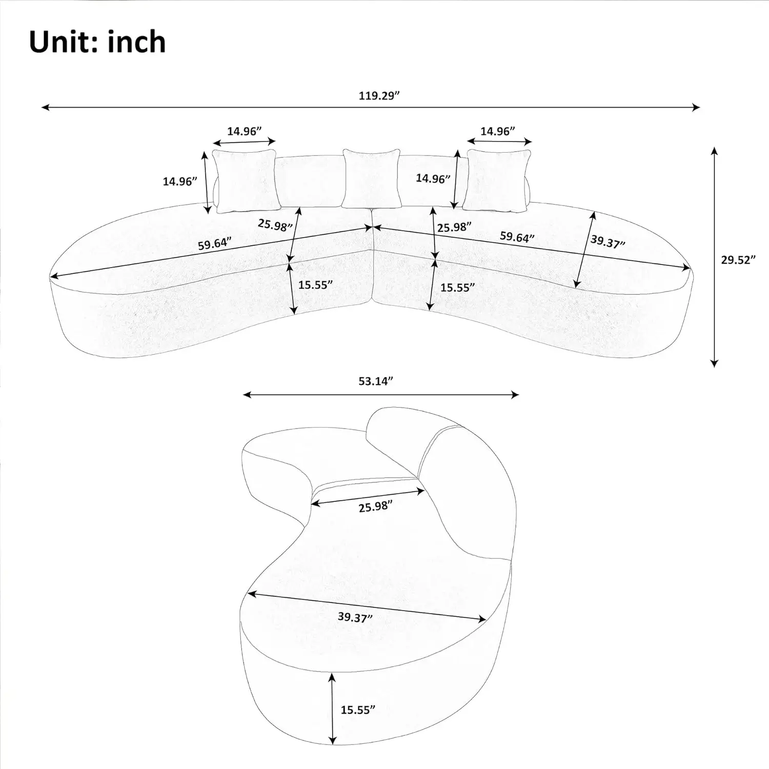 119'' Curved Sofa Couch, Mid Century Modern Half Moon Living Room Sofa, Luxury 4-Seat Sofa Couch With High-Density Foam Filled,