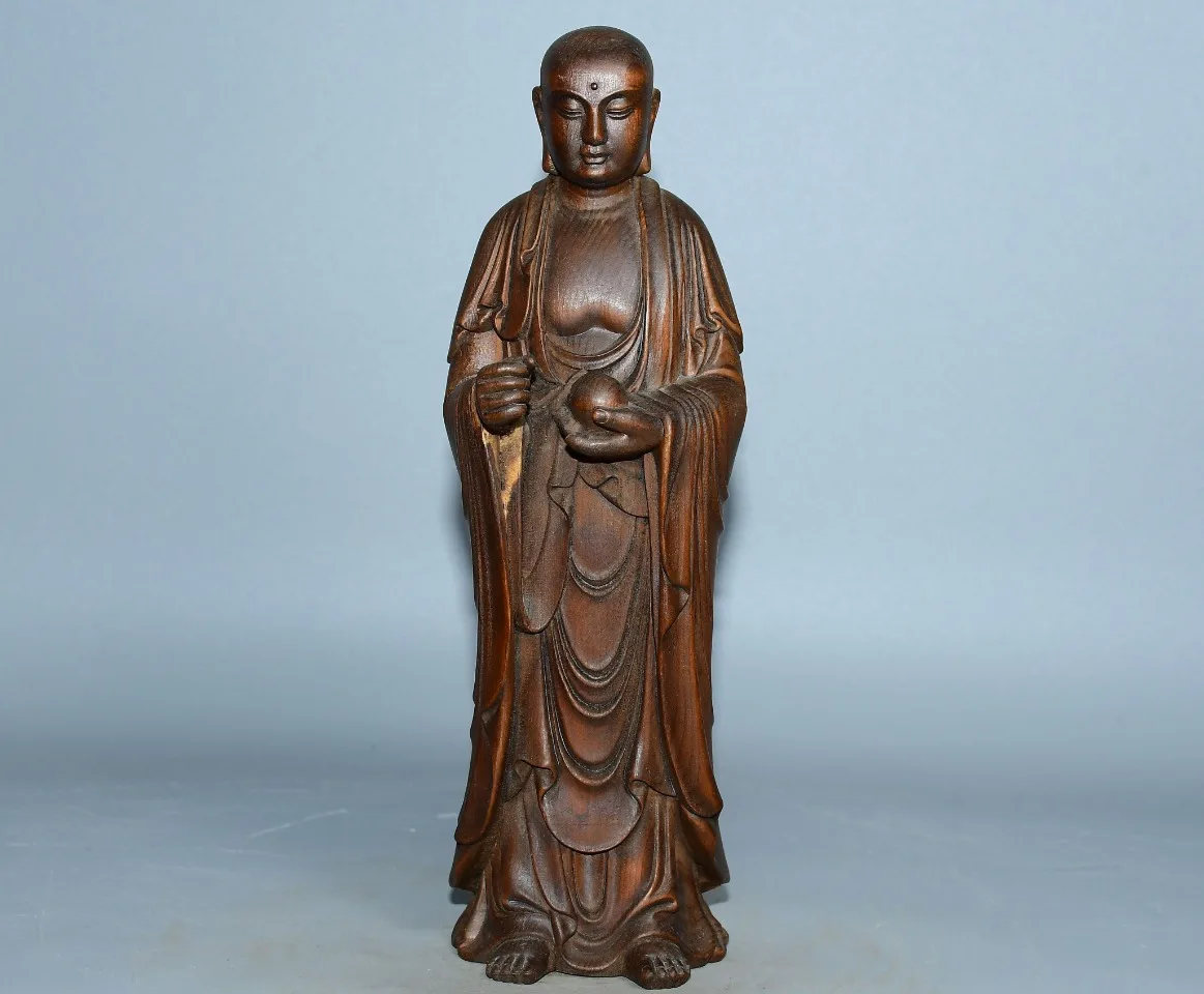 

9"Tibetan Temple Collection Old Boxwood Ksitigarbha Bodhisattva Station Buddha Amitabha Buddha Worship Hall Town house