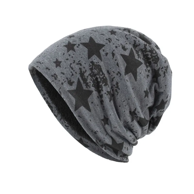 New autumn and winter printed five-pointed star fleece-lined pullover beanie