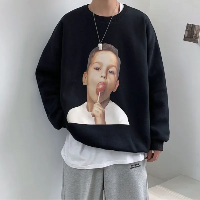 

Men's Clothing Hip Hop Print Hoodieless White Top Sweatshirts for Man Pullover Crewneck Round Neck Harajuku Fashion Aesthetic