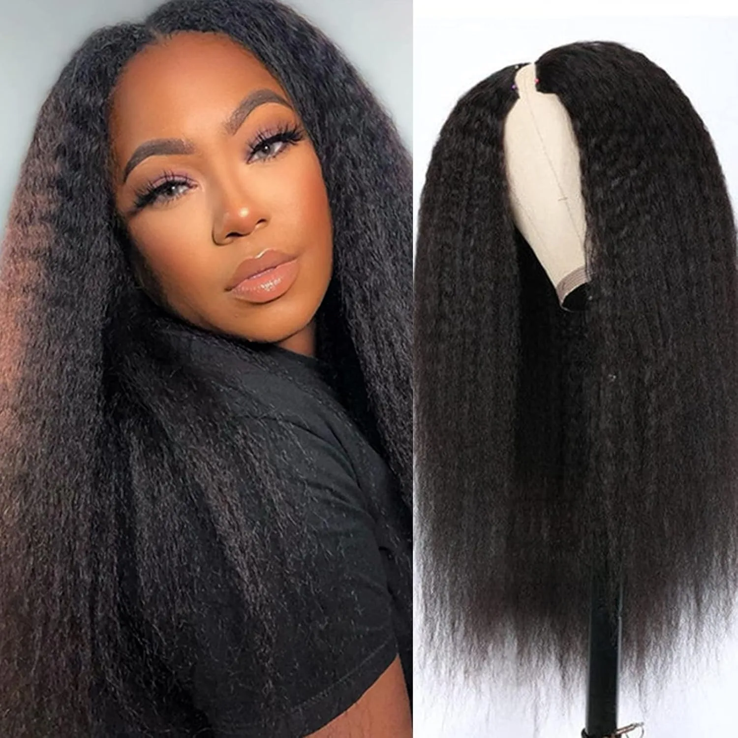 

V Part Wig Human Hair Kinky Straight 200% Density No Leave Out V Part Wigs Upgrade U Part Human Hair Wig Clip V Shape Human Hair