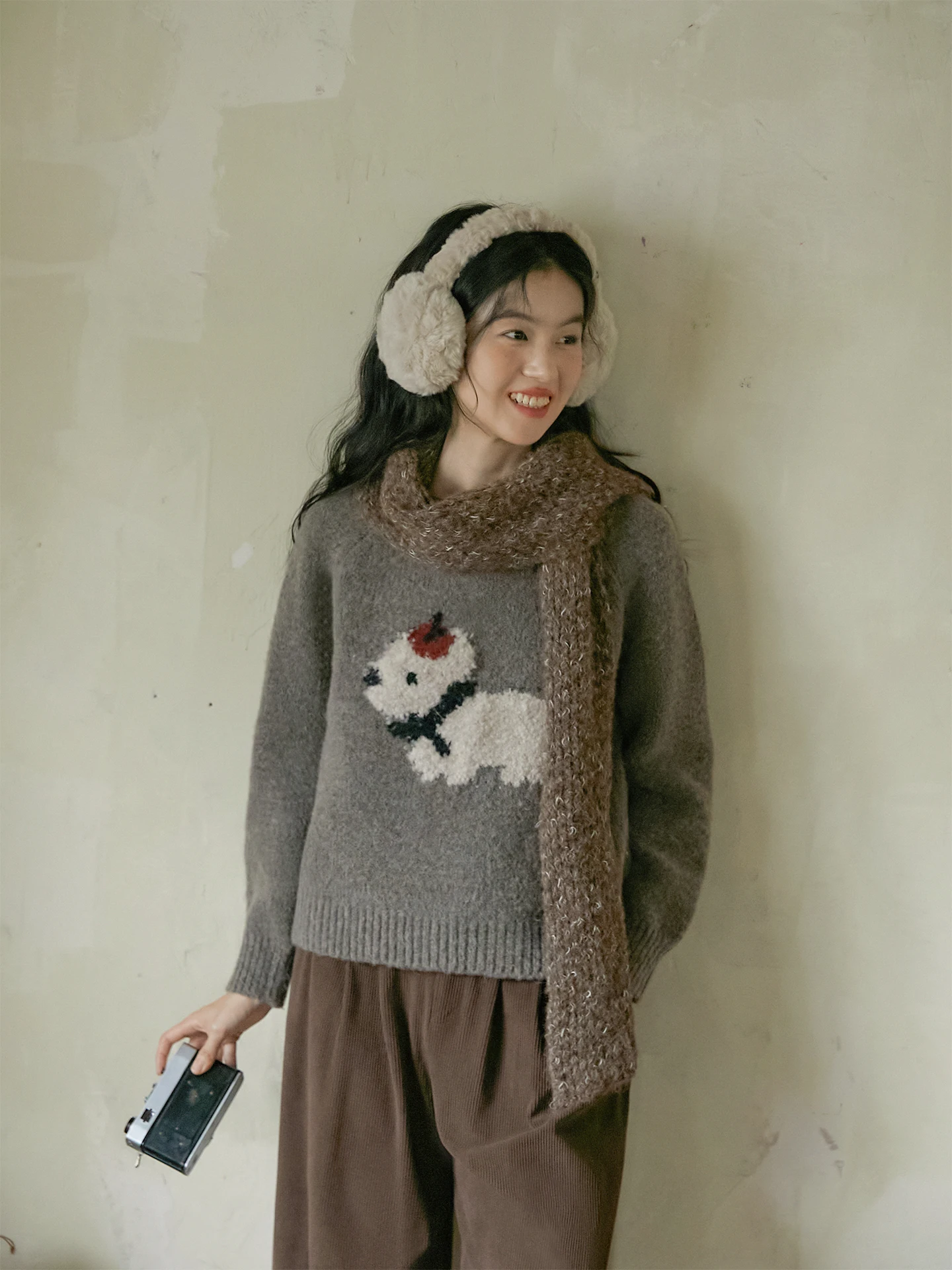 

Nesoulum Women's Knitted Sweater Winter Loose Sle Overhead Dog Patterned Top ey Coffee Color Vintage Lazy Sle Faion