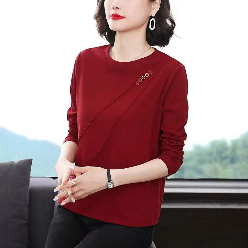 2023 Spring Autumn New Solid Color Fashion Round Neck Long Sleeve T-Shirts Women Casual Loose Button Elegant All-match Pullovers