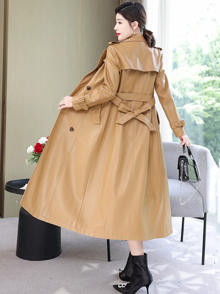 M-7XL Lengthened Women Leather Coat Spring Autumn New Fashion Lacing Slim Jacket Sheepskin Overcoat Long Trench Outerwear Female