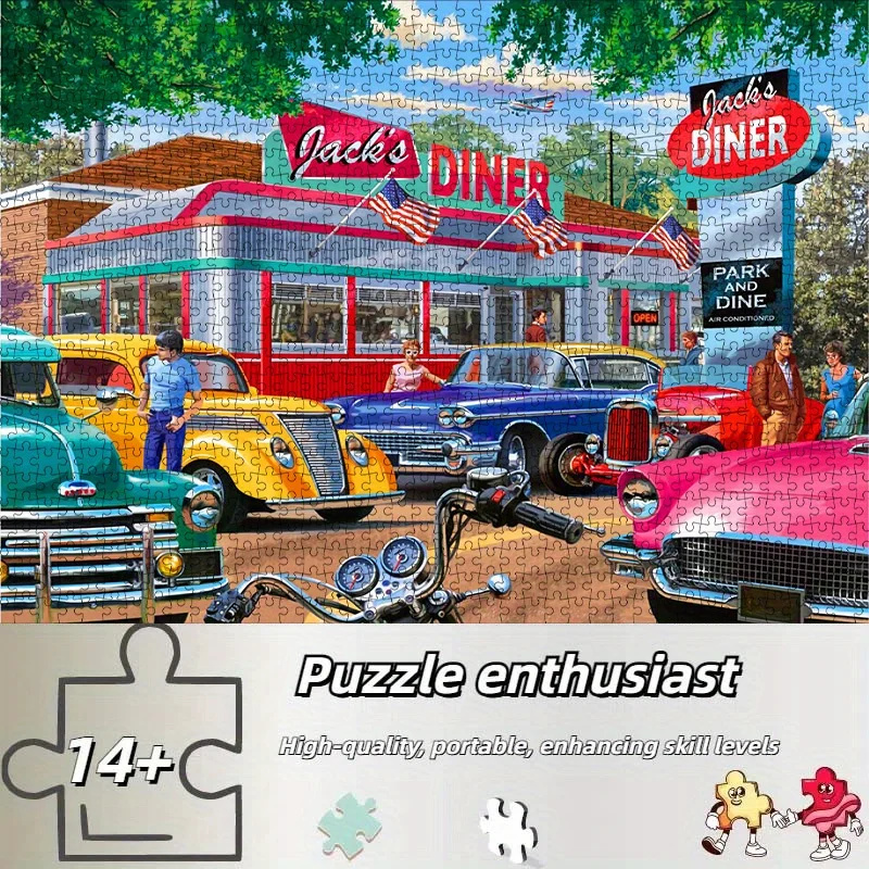 Puzzle dla dorosłych w stylu vintage: amerykański dżiner i klasyczne samochody, retro, gra intelektualna, zabawka dekoracyjna do domu.