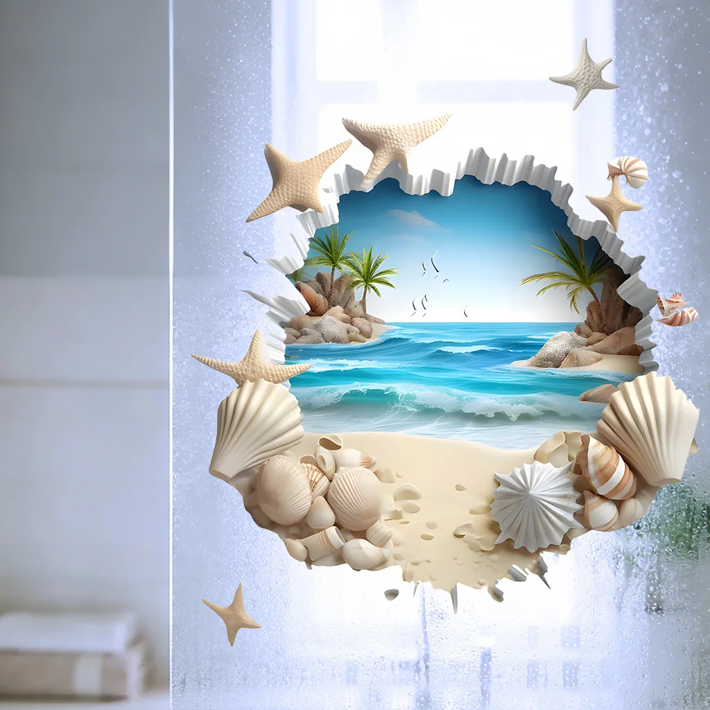 1 Stück Exquisiter Muschel-PVC-Toilettenaufkleber für Strand und Meer, Wasserdichter Selbstklebender Dekorativer Wandaufkleber für Badezimmer – Detail 7