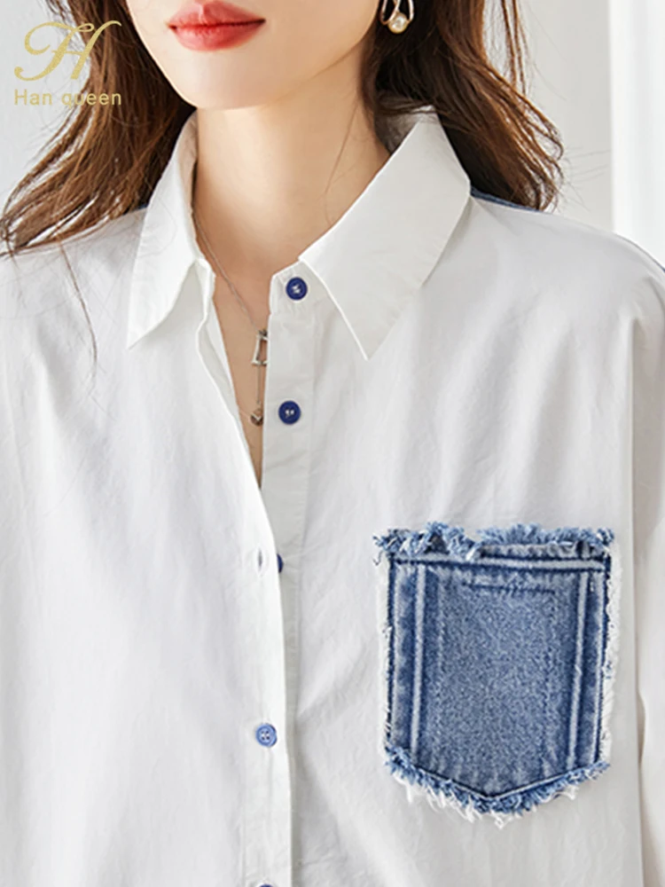 H Han Queen New Denim Patchwork White Shirt Women Blouse Vintage Work Casual Tops Spring Autumn Elegant Loose Shirts And Blouses