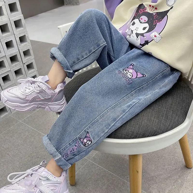 Girly Heart Kawaii Sanrio Anime Kuromi Jeans Pants Spring Summer New Cute Cartoon Children Baby Clothing Gifts for Kids