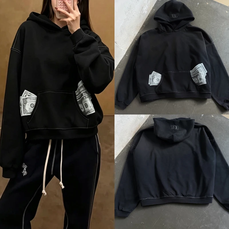 ERL Oversized Black Hoodie for Men Paper Art Print Kangaroo Pocket Sweatshirt