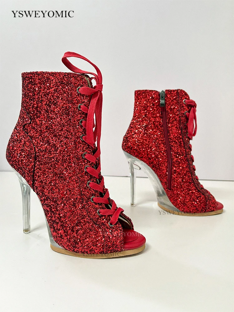 Silver Red Dance Heels 11cm Women Lace-up Boot Stilettos Jazz Dance Shoes For Latin Dancing Outdoor Sexy Stilettos Plus Size